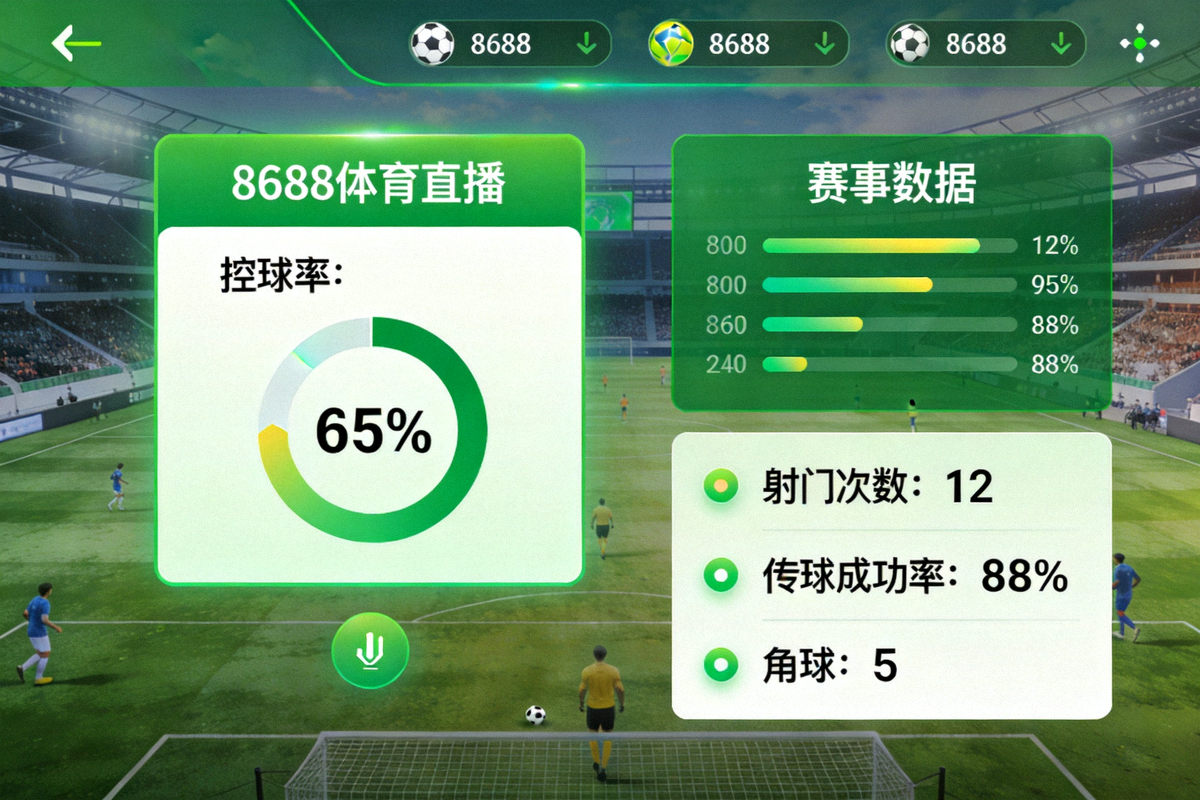 8688体育直播画面展示实时比分弹窗、控球率图表和赛况数据，绿色主题UI